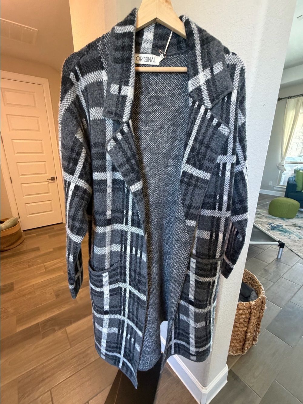 Original USA Oversize Black Gray Open Front Plaid Long Coatigan Cardigan NWT S/M